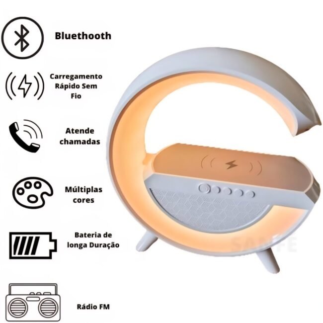 Multifunctional Device with Wireless Charger, Bluetooth Speaker, LED Light, Clock and Radio (22cm)