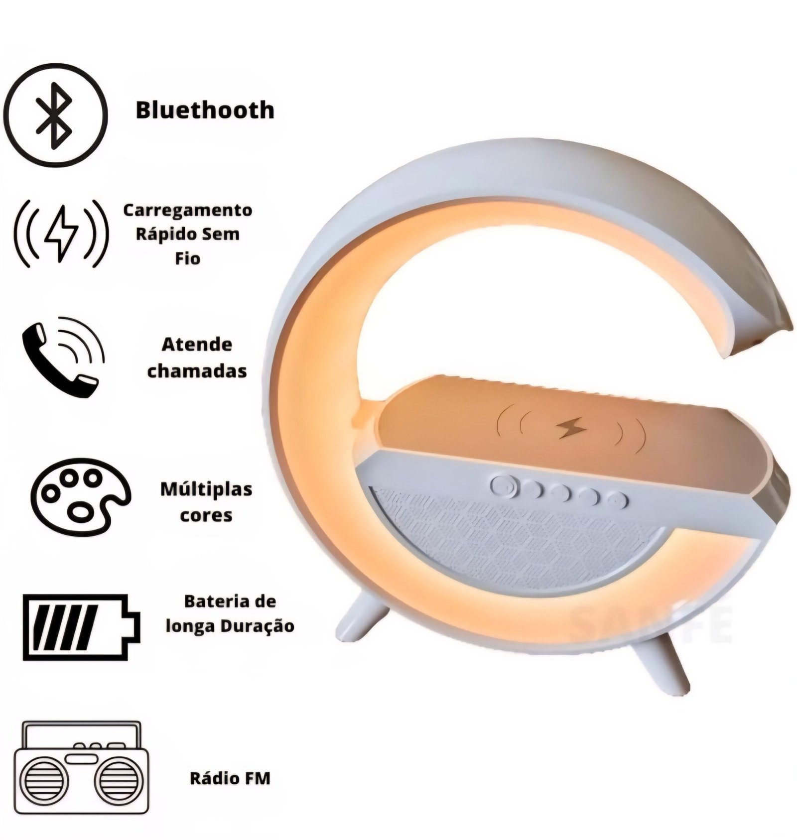 Multifunctional Device with Wireless Charger, Bluetooth Speaker, LED Light, Clock and Radio (22cm)