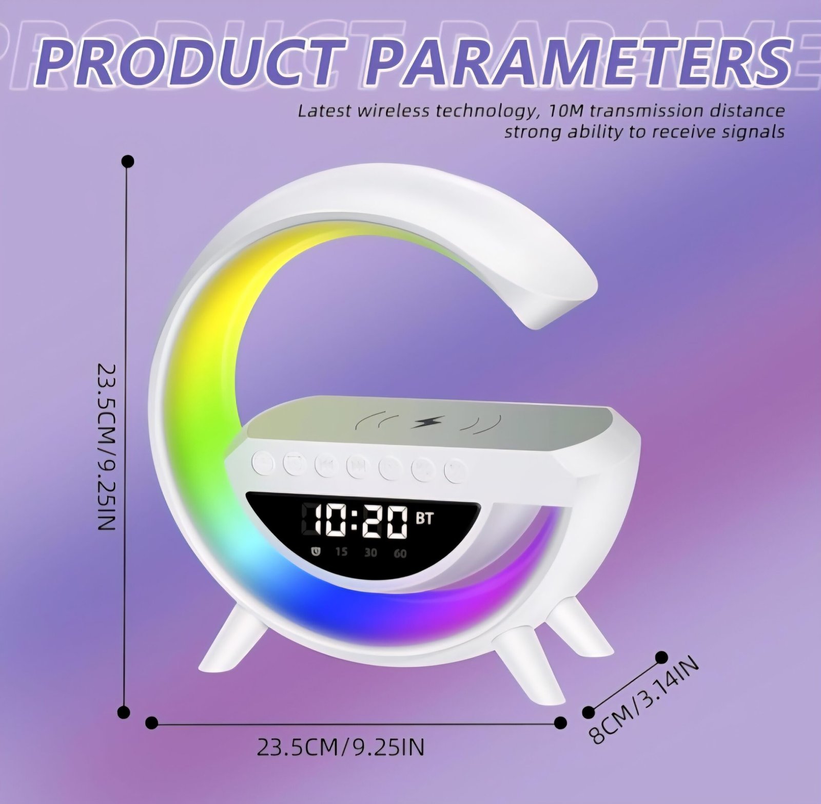 Multifunctional Device with Wireless Charger, Bluetooth Speaker, LED Light, Clock and Radio (22cm) - Image 7