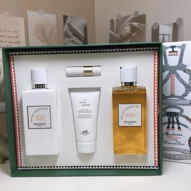 Hermès products, a French luxury goods house known for its fragrances and skincare products.