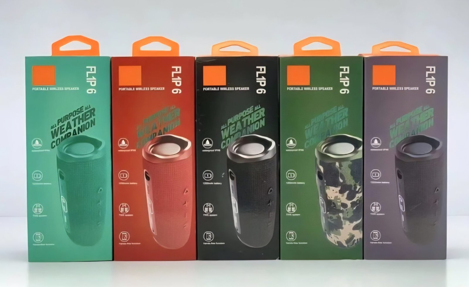 The photo-promptu speaker is JBL Flip 6, a portable, waterproof and dust-proof speaker. Key Features: Featuring a two-way speaker system that provides a clear and strong voice with a deep bass sound, as well as double negative radiators to enhance bass sound. - Image 3