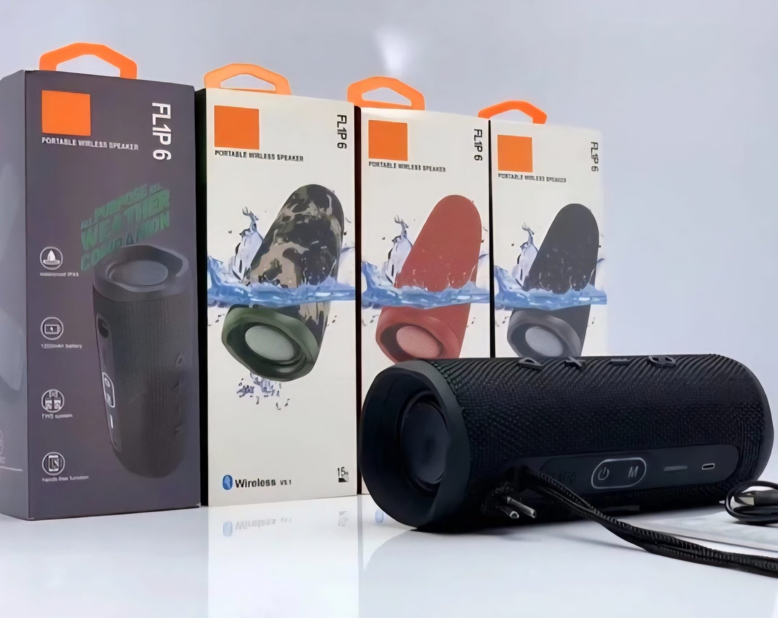 The photo-promptu speaker is JBL Flip 6, a portable, waterproof and dust-proof speaker. Key Features: Featuring a two-way speaker system that provides a clear and strong voice with a deep bass sound, as well as double negative radiators to enhance bass sound. - Image 4